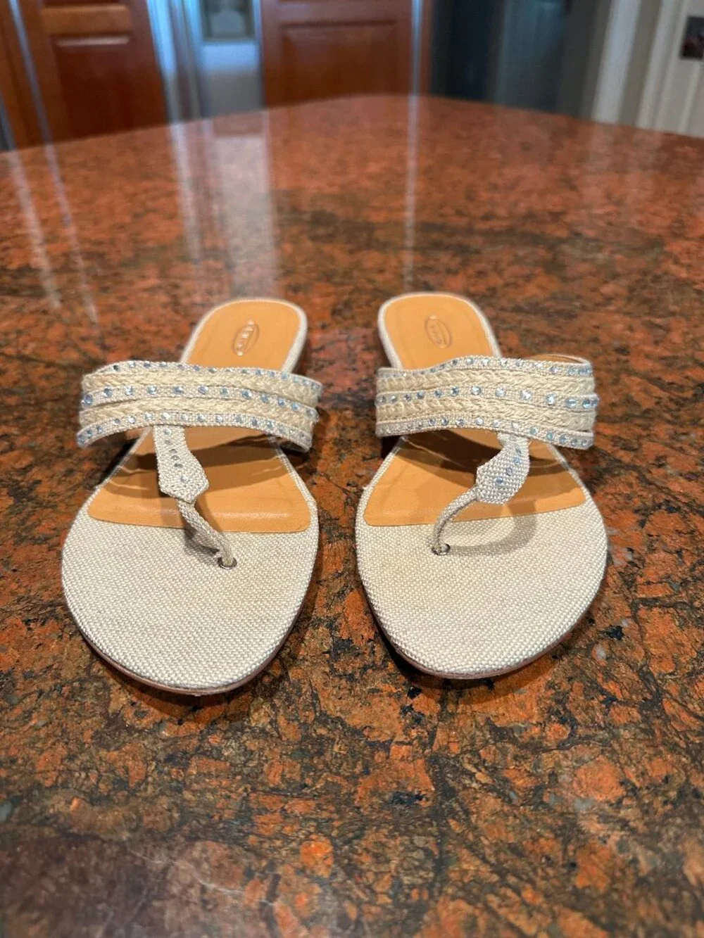 Talbots Beige Linen-look Thong Sandals with Rhinestone Accents, 8.5 M
